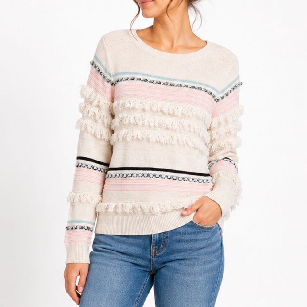 LOFT Womens L Fringe Sweater Cotton Cream Pink Blue Striped Boho Textured Knit